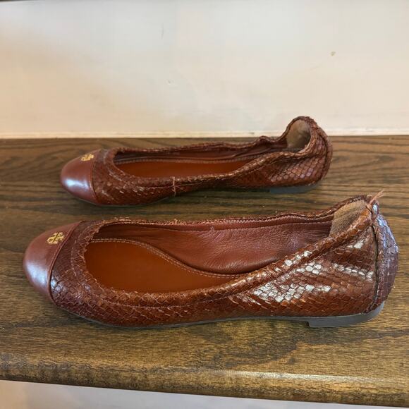Tory Burch York Brown Leather Python Scale Cap Toe Ballet Flats Size 6 EUC - Picture 5 of 8